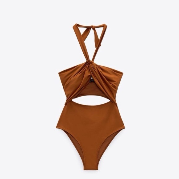 Zara Other - Zara Rust Terracotta Twist Front Cut Out Halter One-Piece Swimsuit Size Small